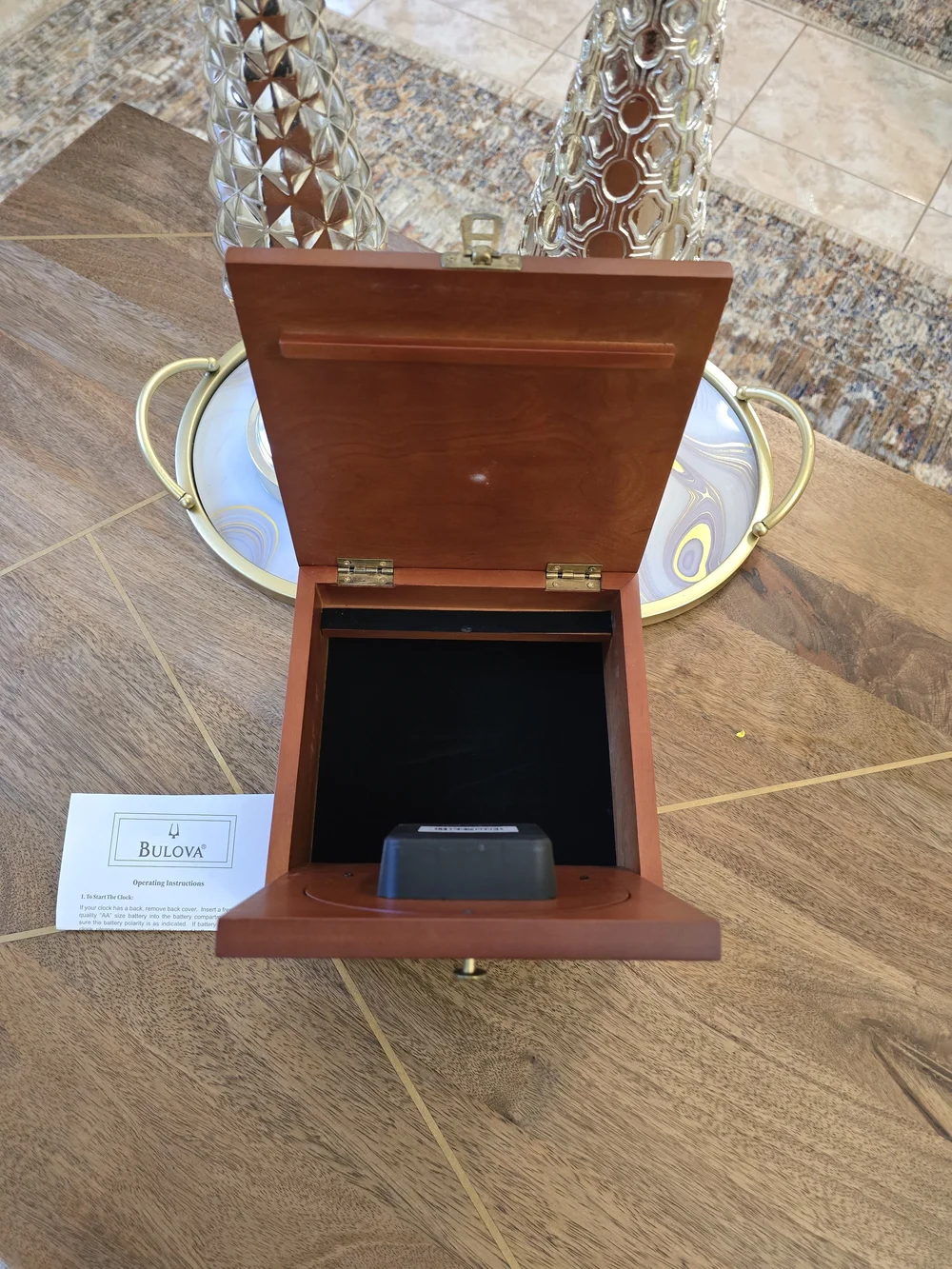 Bulova Wooden Box Wall Clock in Brown with Brass Accents